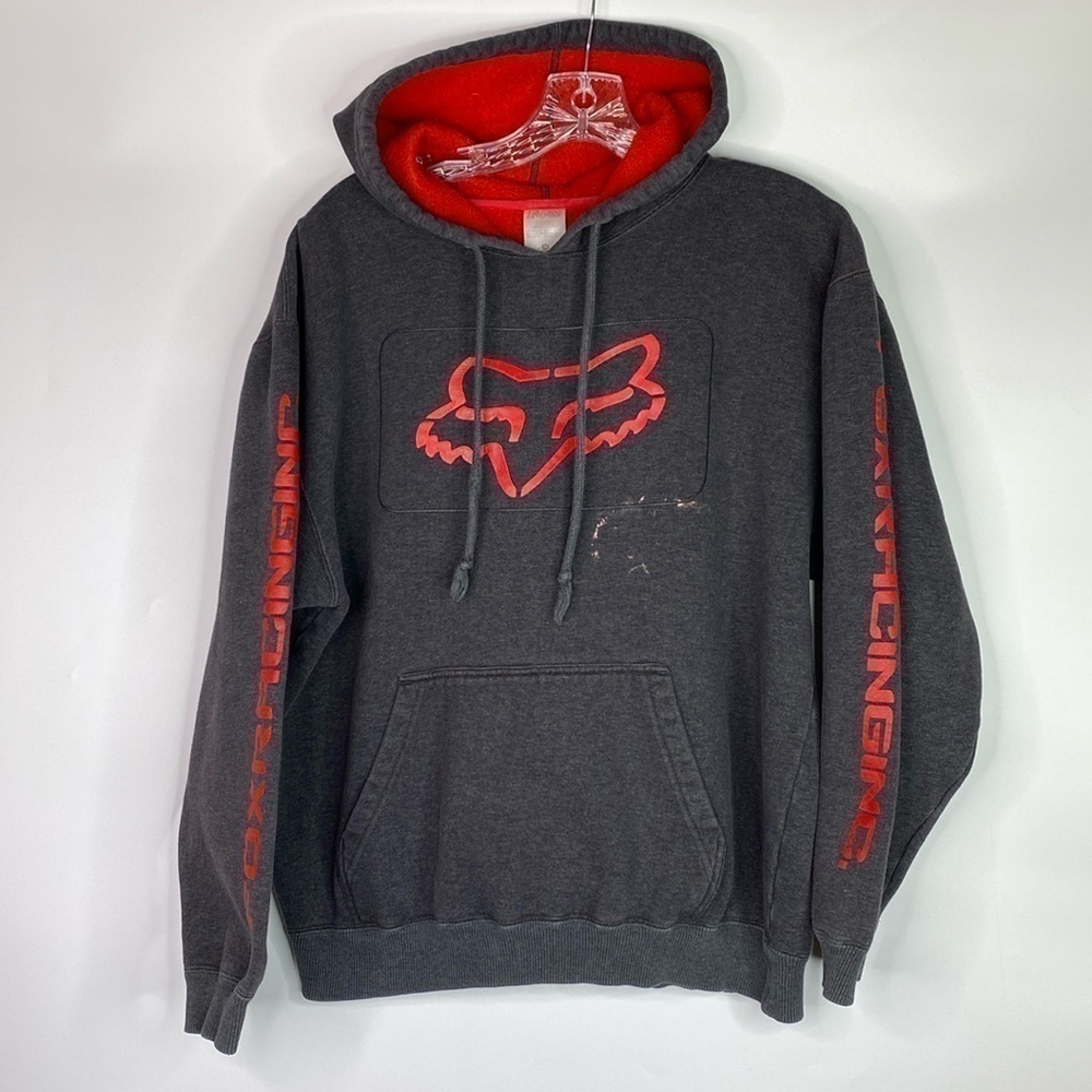Vintage Fox Racing Grey Hooded Sweatshirt Size Medium